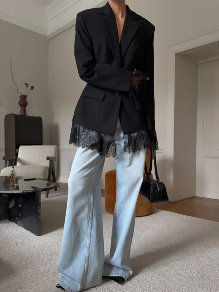 Elegante Kanten Blazer Jas Damesmode Kantoor Dame Volledige Mouw Single Breasted Jassen 2025, Nieuwe Herfst Zwart Casual Slanke Jassen