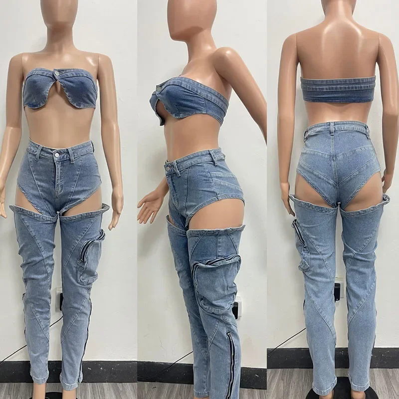 Sexy Denim Birthday Outfits for Women 2 Piece Set Rave Nightclub Party Strapless Crop Top and Cut Out Jean Pants Matching Sets