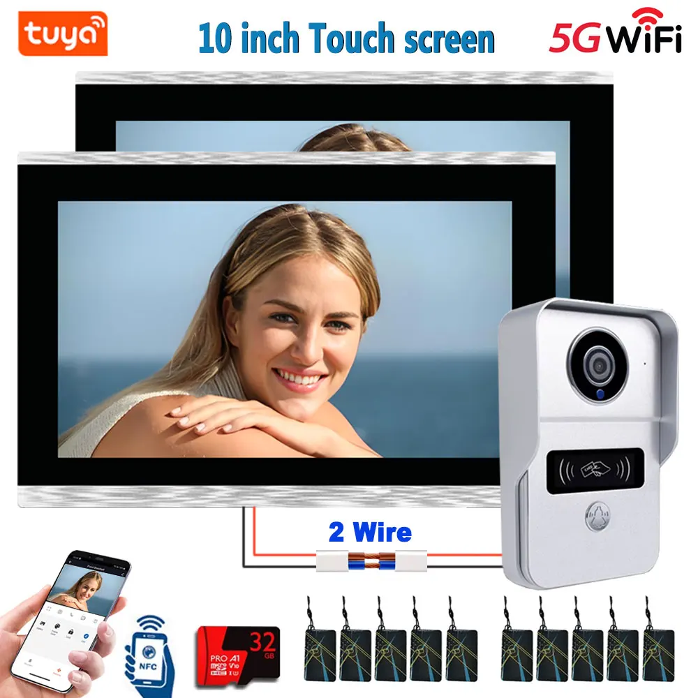 

Видеодомофон Tuya Smart 1080P с Wi-Fi 5G, 2 проводами, 10-дюймовым сенсорным экраном, 32 ГБ памяти, поддержкой IC-карт, NFC и разблокировкой через приложение, 1V1/1V2