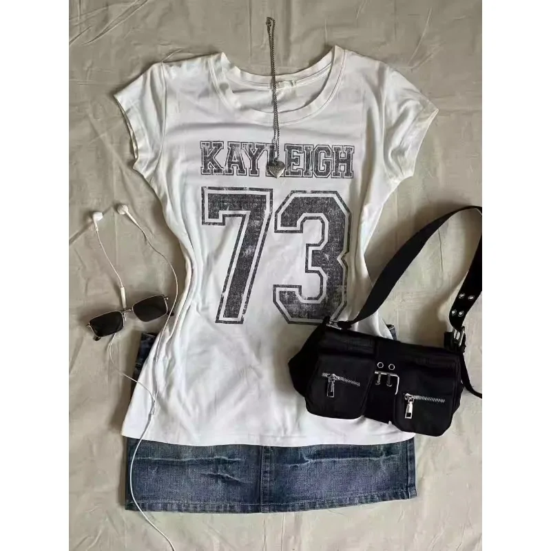 

Wmen clothing Y2K Subculture Punk Vintage Short Sleeve Tops Number Letter Print T-shirt Slim Sexy Summer 2024 Punk Goth Tees