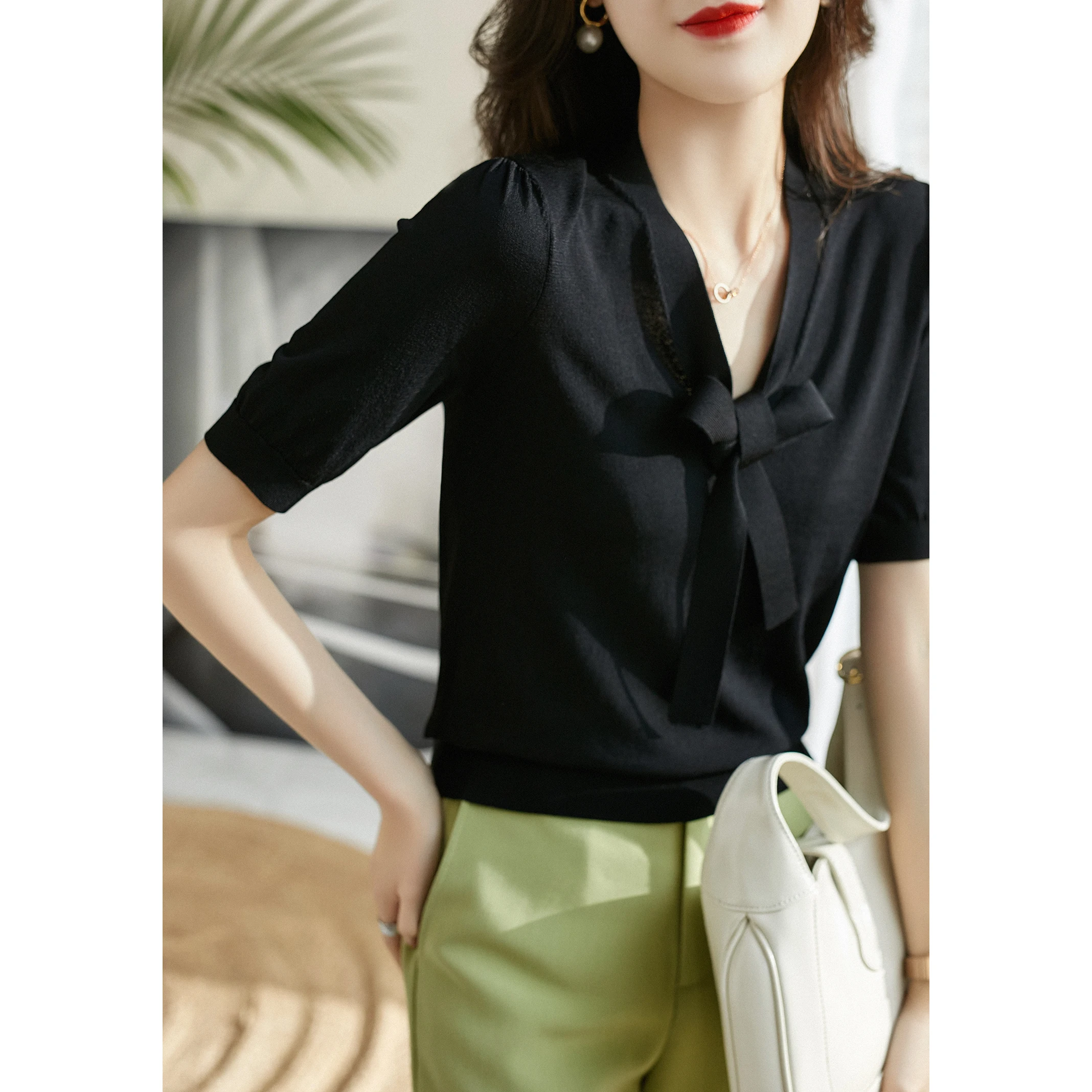 Maglioni Colletto con fiocco bianco Maglione lavorato a maglia Pullover da donna Nuovo maglione lavorato a maglia a maniche corte Pullover Donna Top Abbigliamento donna Q2661