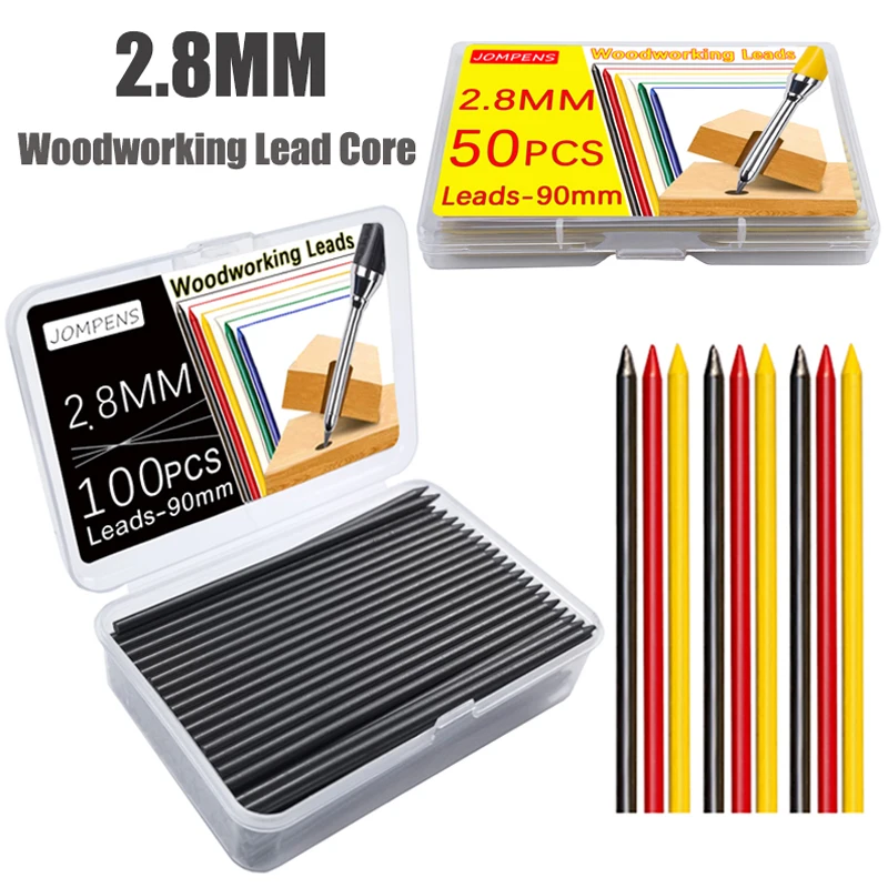 50Pcs/100Pcs Large Capacity 2B Woodworking Lead Core Black Yellow Red 2.8mm Automatic Pencil Lead Deep Hole Marked Lead Core