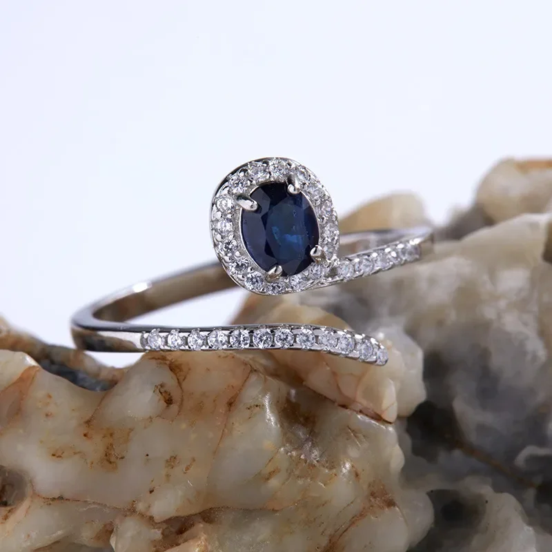 Light luxury S925 sterling silver inlaid with natural sapphire zircon women's ring, Japan and Korea cross-border INS fashion