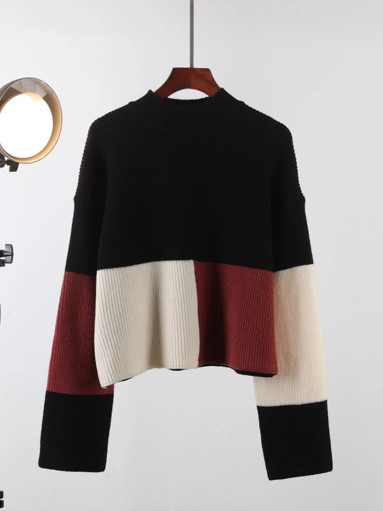 Autumn Winter Female Short Pullover Loose Colours Block Plaid Streetwear Women Knitted Sweater Retro Tops