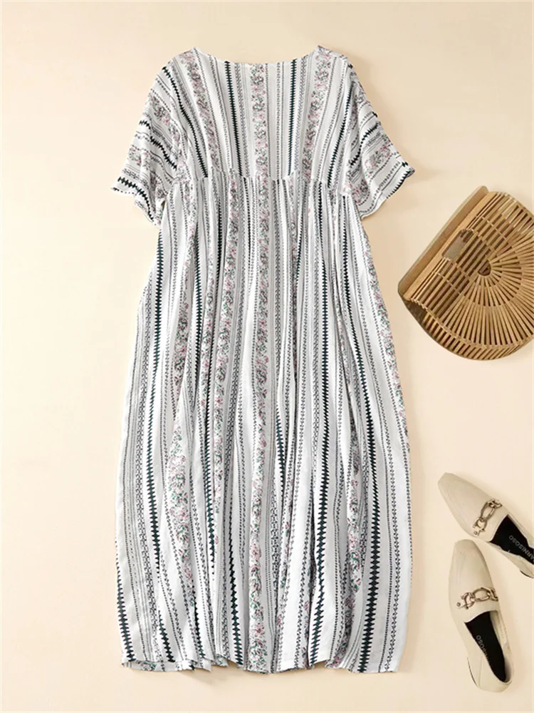 Plus Size Summer Pleated Vintage Floral Dress Casual Pullover Ladies Womens Cotton Striped Print Dresses Woman Loose Long Dress