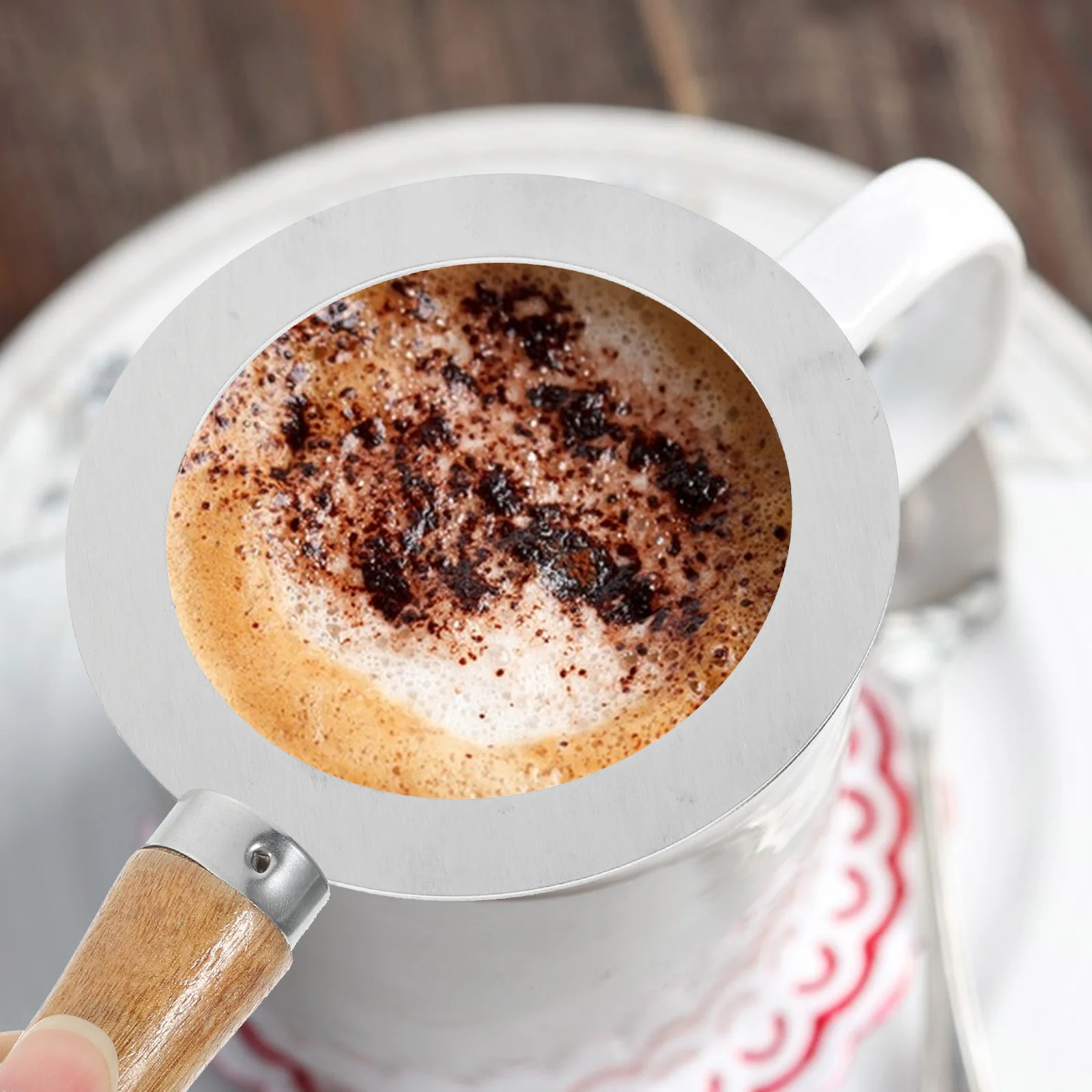 

2Pcs Wooden Handle Stainless Steel Baking Cup Ring Milk Cup Rim Cover Handheld Dessert Maker