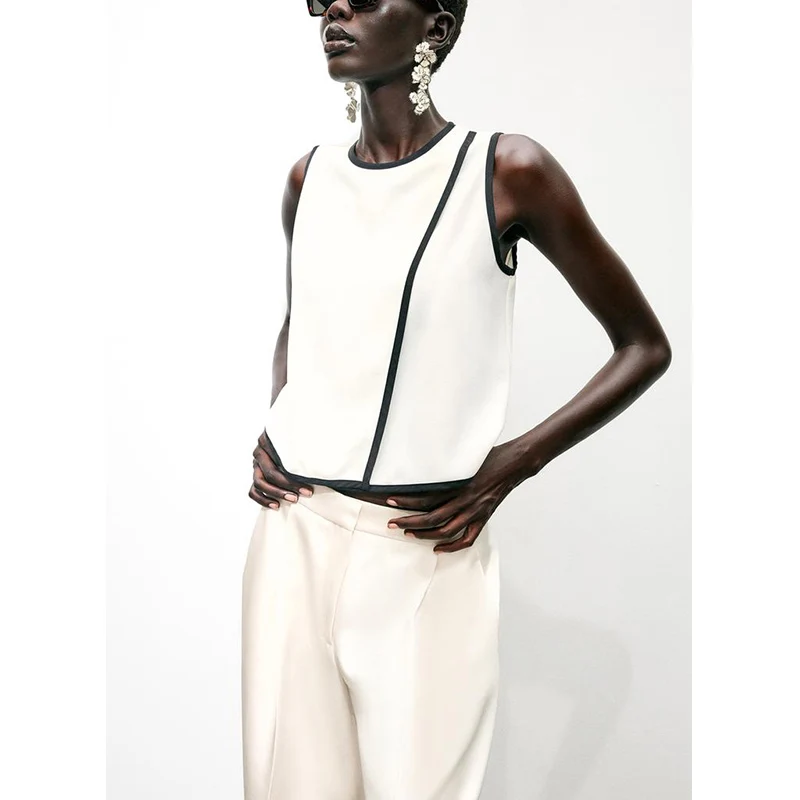 

New Summer Women's Svel round Ne Ba Split Color Blo Pleated Top Commute Sle Regular Length Polyester Fiber