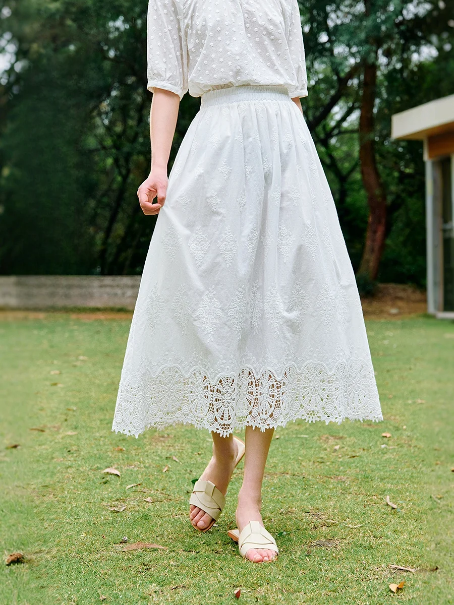 

INMAN Summer Commute Hollow out Embroidery A-Line Skirt Loose Fit Cotton French Sle mid Waist Design Women's Skirt