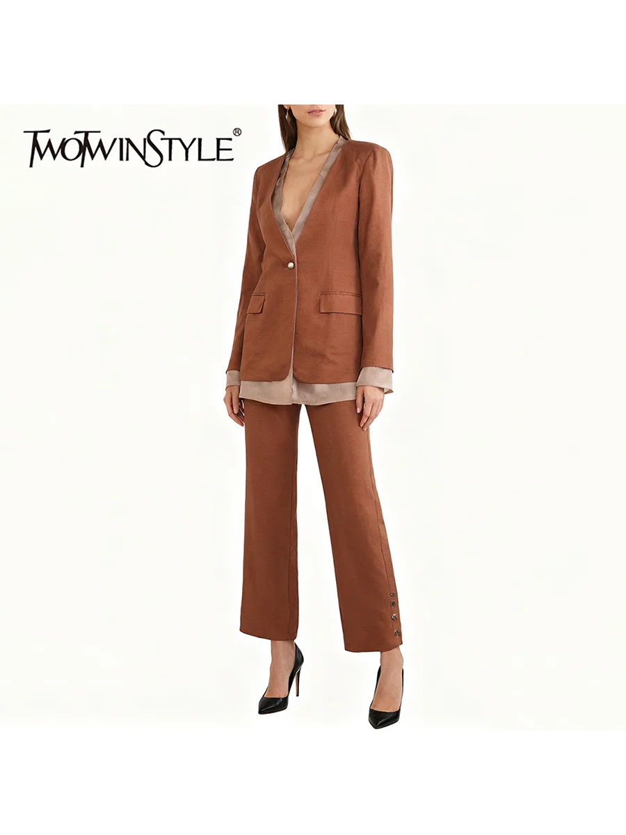 

TWOTWINSTYLE Hit Color Casual Two Piece Sets for Women V Neck Long Sleeves Spliced Buttons Blazer High Waist Pant Set Female New