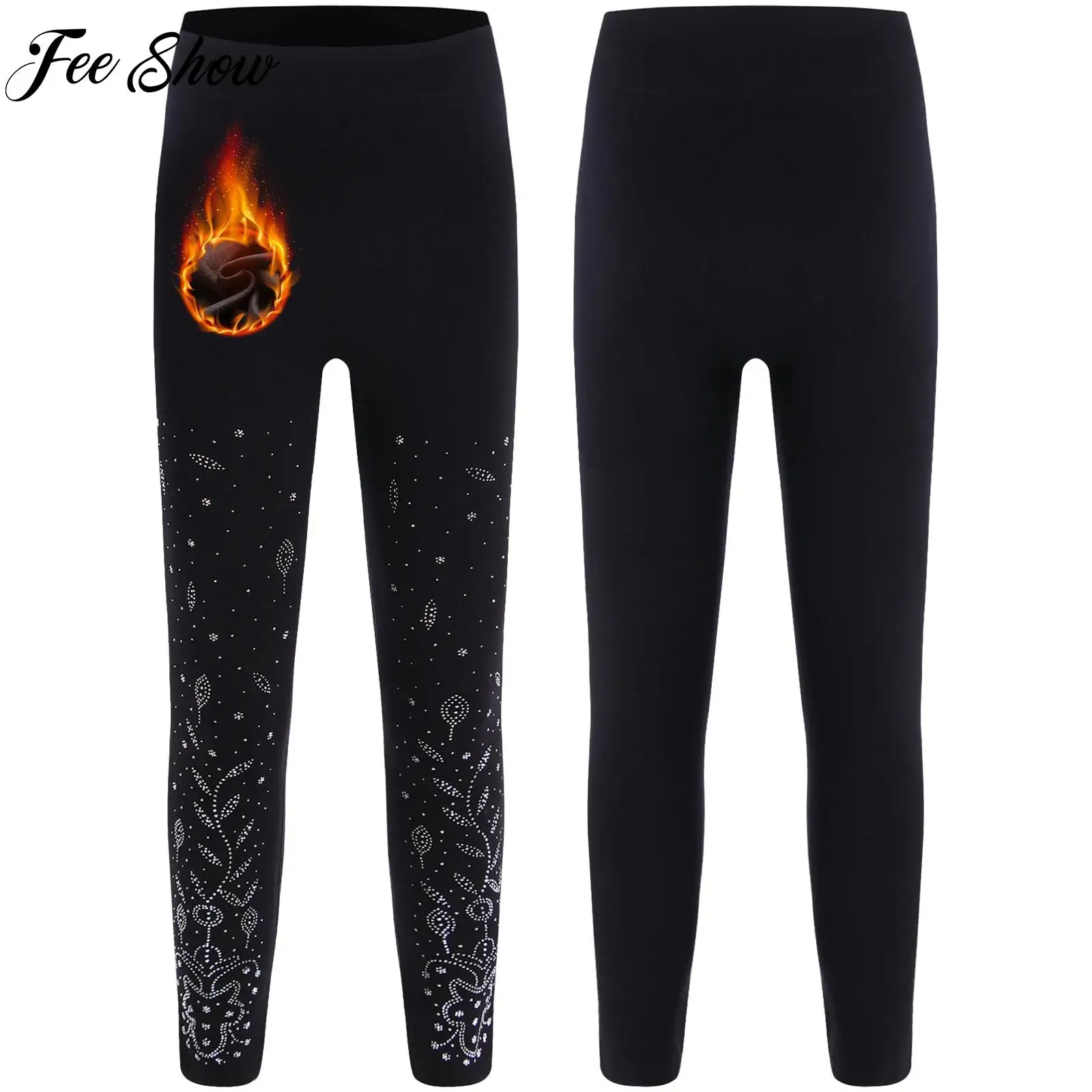 Kid Girl Figure Skating Dance Pants Trousers Costume High Waist Shiny Rhinestones Leggings for Practice Performance Yoga Workout