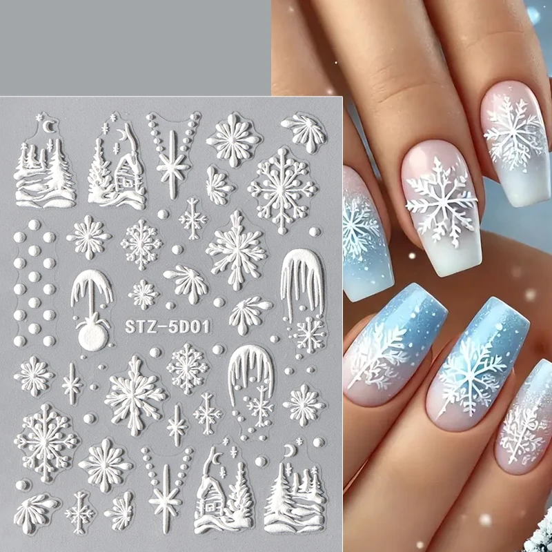 Elegant White Snowflake 5D Nail Stickers Winter Sweater Snow Flower Deer Nail Art Gel Sliders Christmas Embossed Decals Decorati