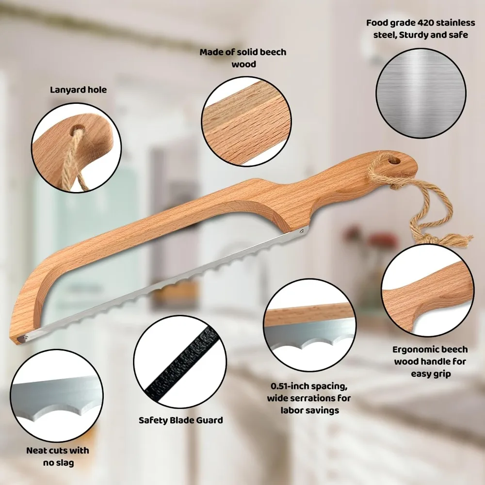16" Wooden Sourdough Bread Knife with Bow Design, Premium Stainless Steel Serrated Saw Bread Cutter for Bagels, Baguettes and More - view 3