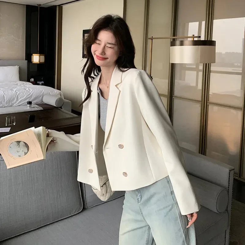 Casual White Small Suit Jacket for Women Spring and Autumn New Short Thin Suit Commuting All-match Jacket