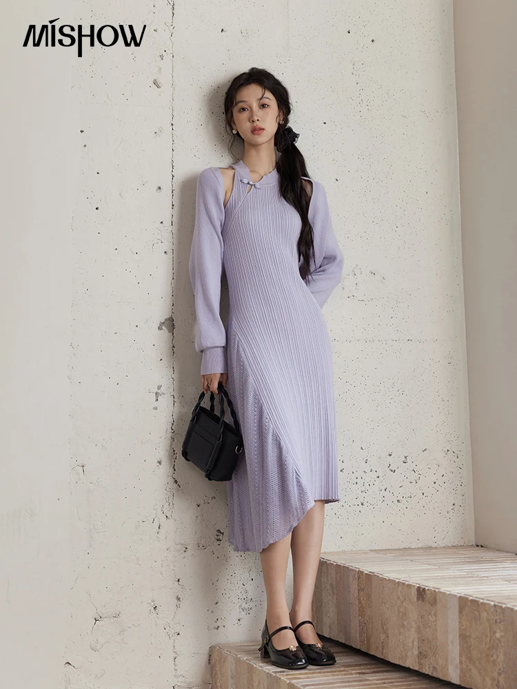 MISHOW Knit Dress Set Women Slim New Chinese Knit Long Dress 2024 Fall New Gentle Elegant Knit Long Sleeve Cardigan MXD48T0436