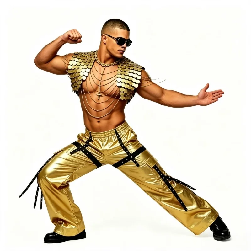 Shiny Gold Male Stage Costume Set Sequin Metal Body Chain And Flared Trousers Men Gogo Dancer Festival Party Performance Wear