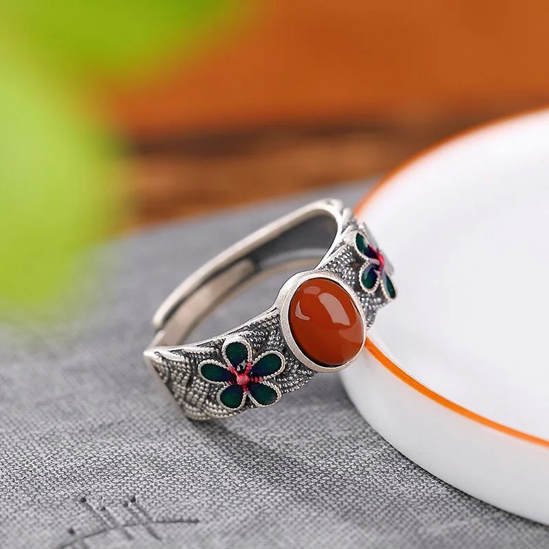 Classic design inlaid with oval south red tourmaline rings for women fashionable retro silver 925 flower ring party jewelry gift