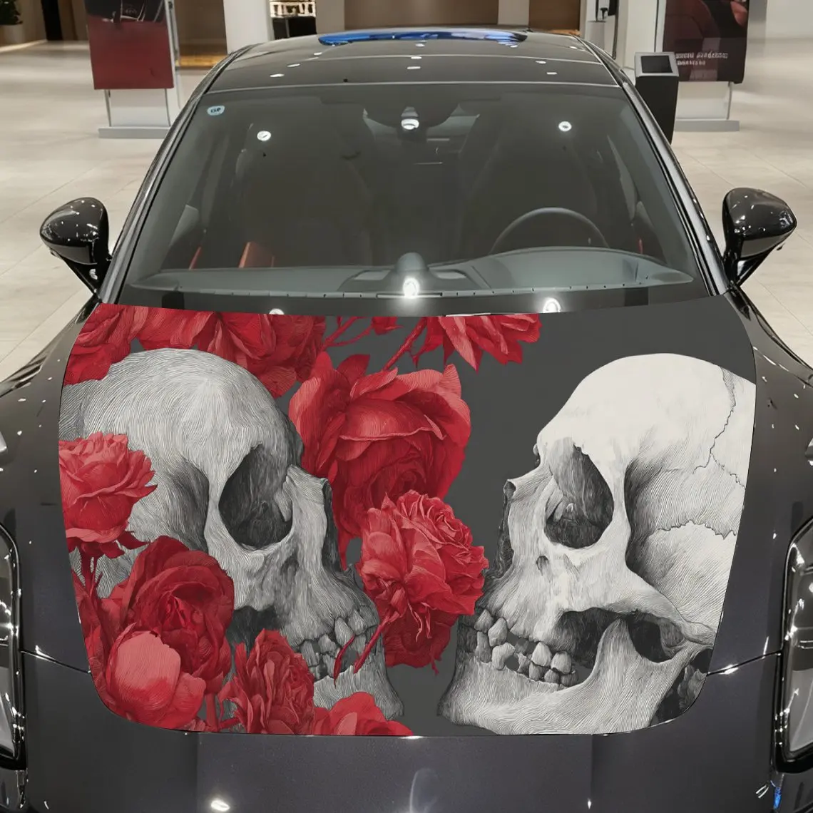 

Red Rose Skull Pair Car Cover Sticker, Auto Hood Decal, Car Exterior Scratch Resistant Decal, Trendy Gift for Car Lovers, Eye-ca