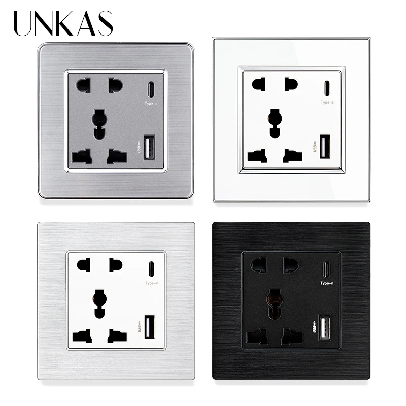 

UNKAS Type-C USB Port Universal 5 Hole Pin Socket Stainless Steel Aluminum Acrylic Panel 3100mA Smart Quick Charge Outlet