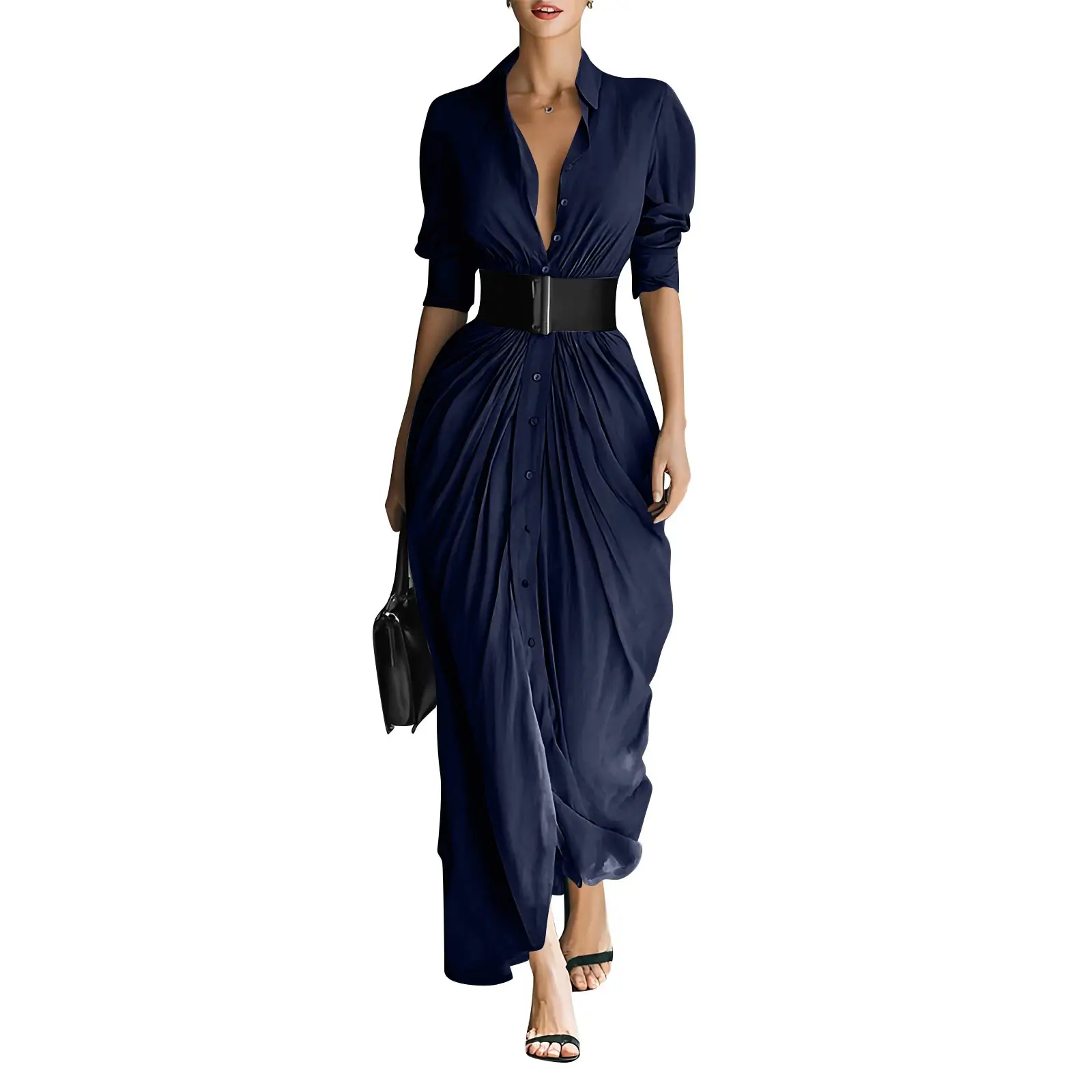 

Women Solid Fashion Temperament Collared Button Shirt Dress with Belt Multi-Color Maxi Dress Ladies Chic Elegant Party Dress