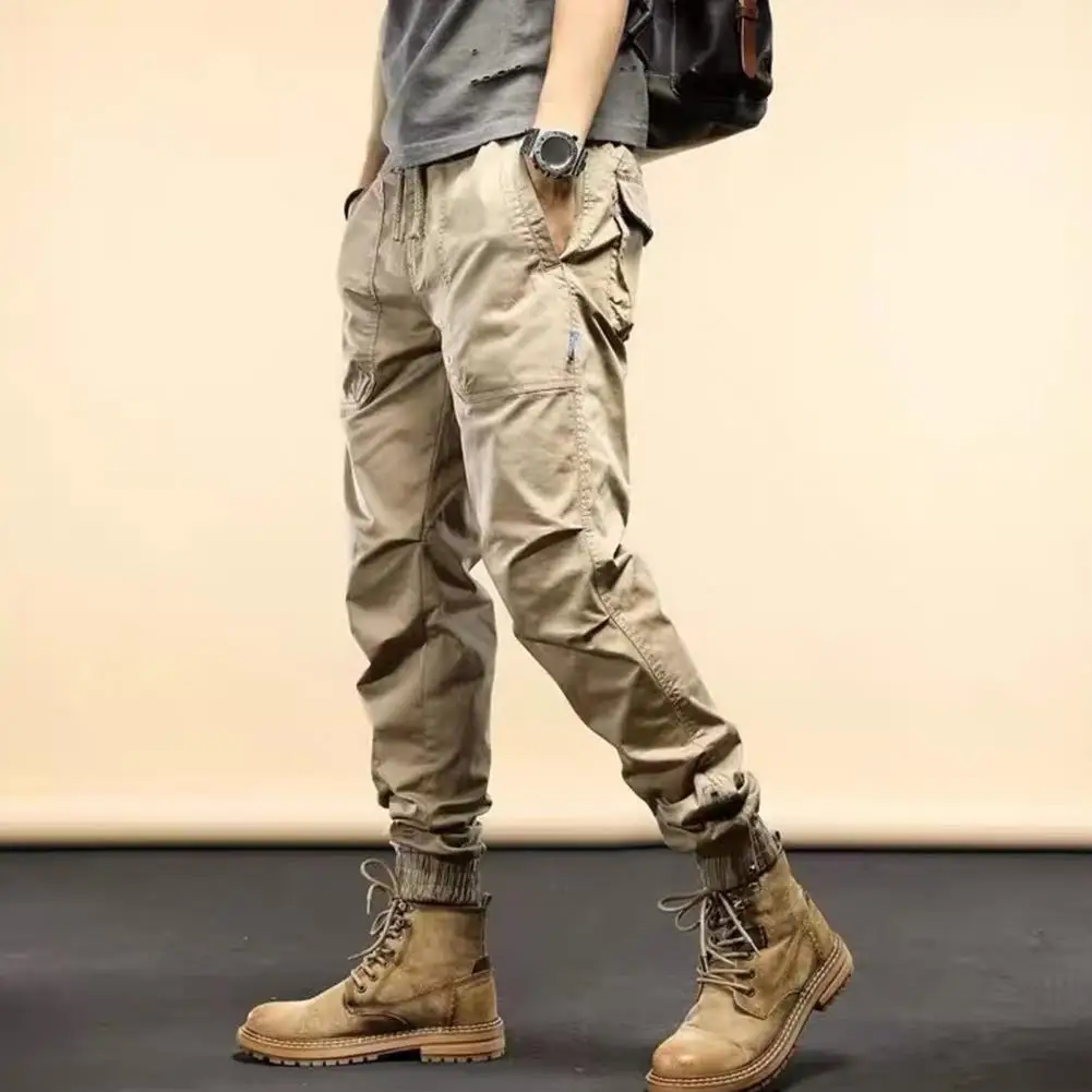 Drawstring Waist Trousers Multi Pockets Pants Men's Cargo Pants with Drawstring Elastic Waist Multiple Pockets Zipper for Daily