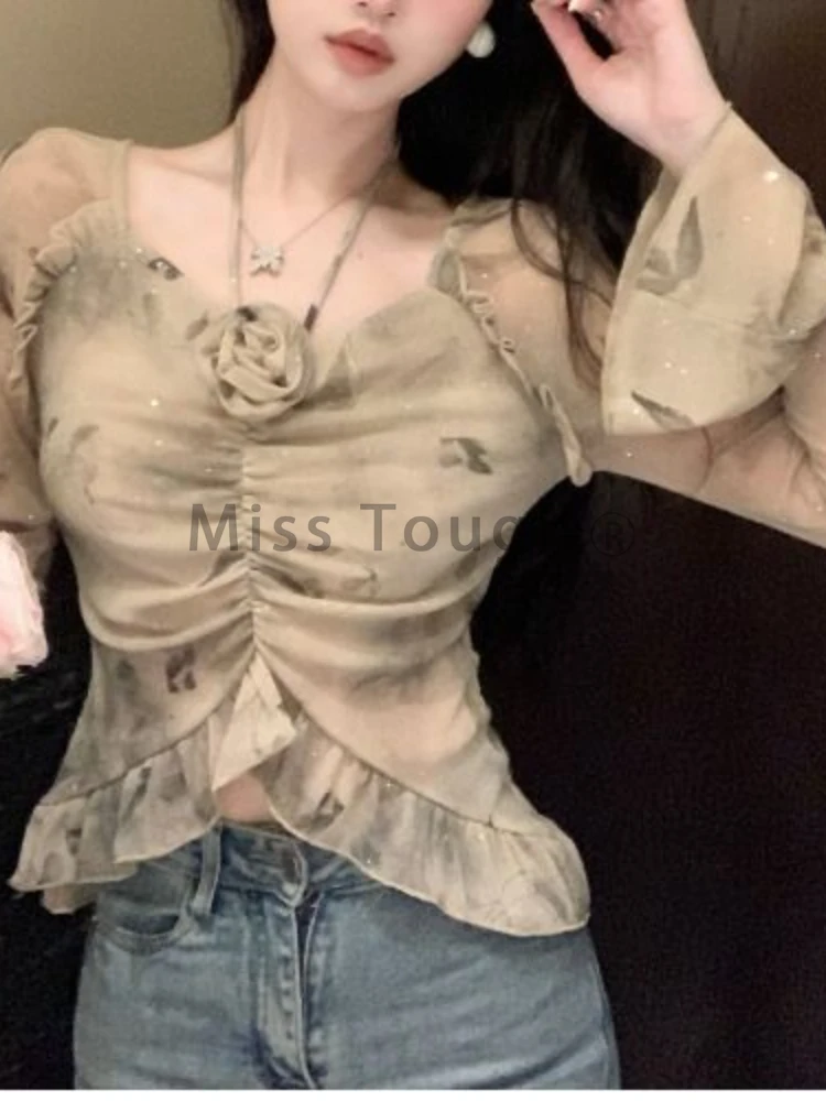 Autumn Korean Fashion Vintage Y2k Blouses Women Elegant Casual Flower Design Tops Female Chic V Neck Long Sleeve Retro Tops 2024