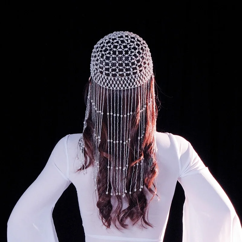 Accesorio de baile para mujer, joyería para la cabeza, gorro con cuentas, perlas tejidas a mano, adorno Retro, sombrero con dedos, tocado de novia