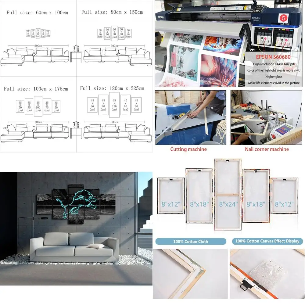 

60x100cm Set of 5 Detroit Football Stadium Canvas Prints - Neon Lions Emblem, Classic B&W Sports Art for Home & Office