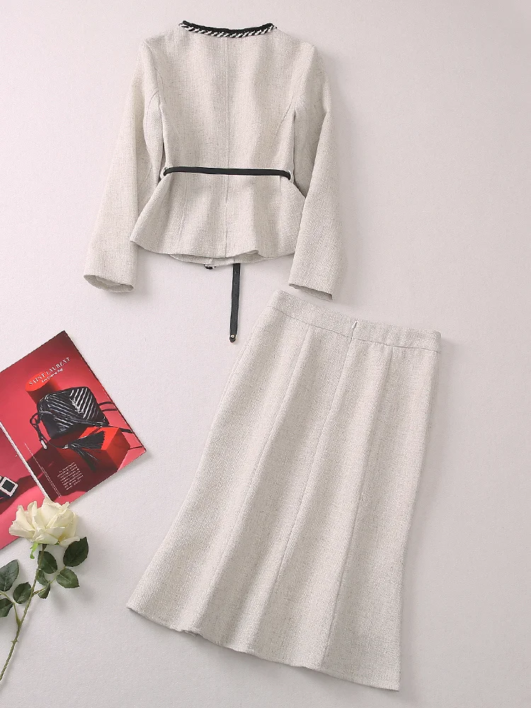 Runway Spring Autumn New Designer Belt Buttons Jacket Tops Slim Skirts Elegant Vintage High Quality Fashion Office Women\'s Set