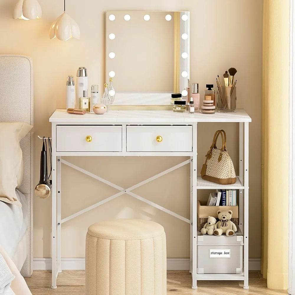 

White Vanity Desk with 2 Fabric Drawers and Iron Hook, 36 Inches Storage Makeup Table for Bedroom