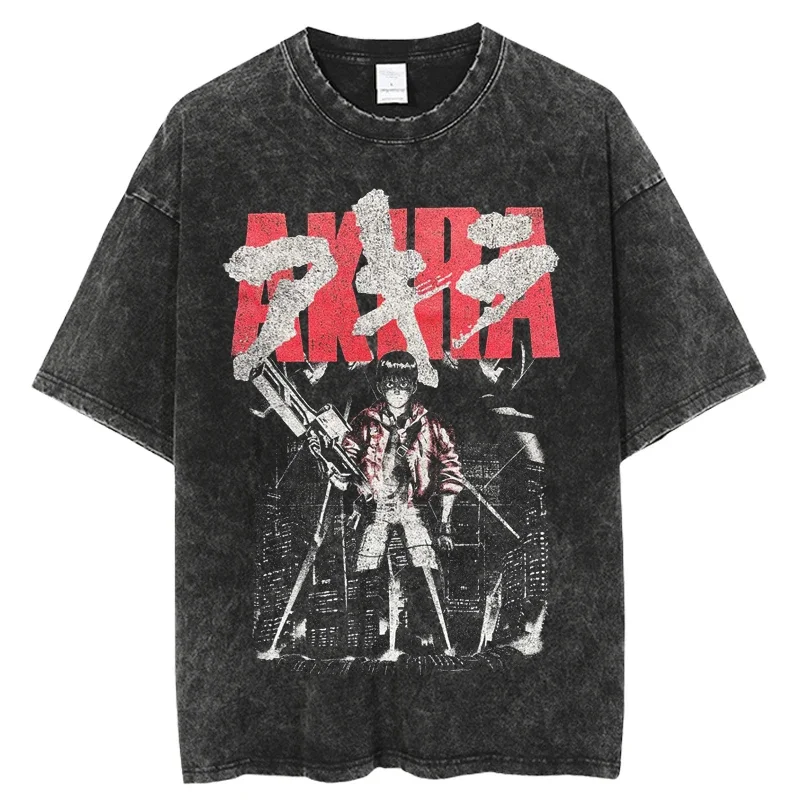 Camiseta Vintage Lavada con Estampado de Anime Japonés Akira, Estilo Casual Urbano, Manga Corta, Harajuku, Algodón, Ropa de Verano