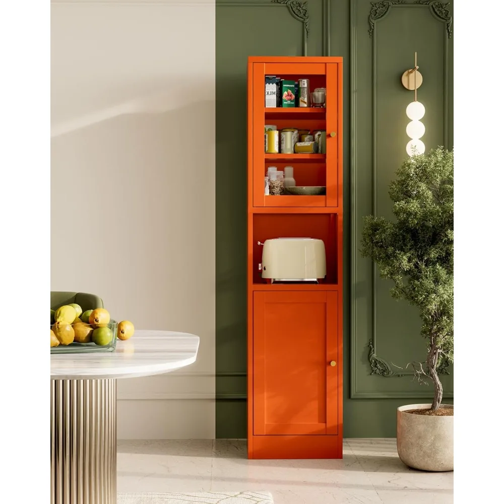 

67 Slim Narrow Kitchen Pantry Cabinet with Glass Door – 6-Tier Tall Storage Cupboard for Small Space, Adjustable Shelves, Revers