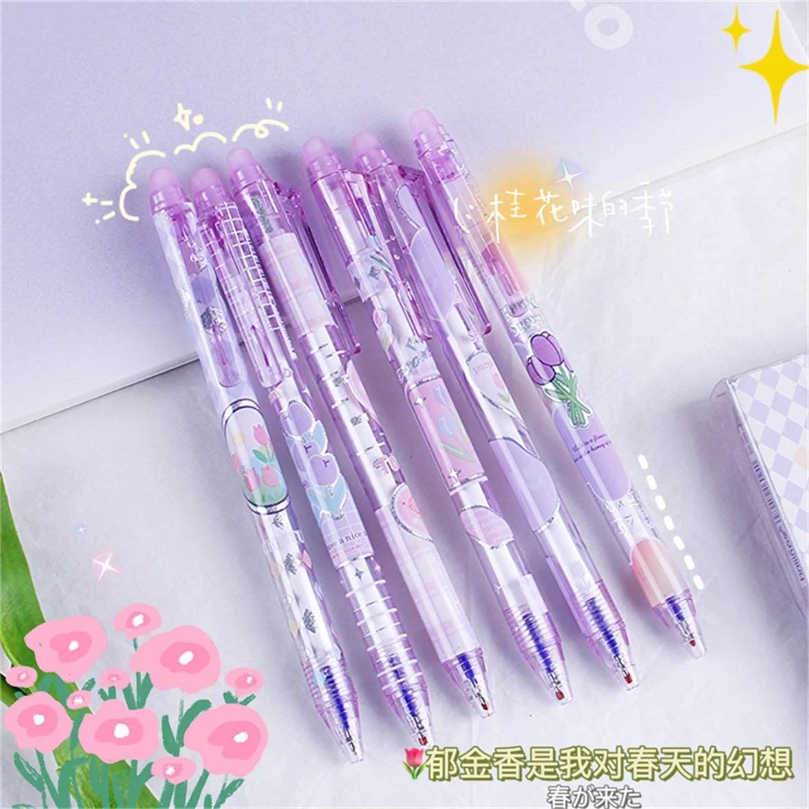 Erasable Neutro Caneta Gel, Tinta Azul Tinta Preta, Tulipa Roxa, Imprensa, Material Escolar, Escritório Papelaria, Presente, 6Pcs