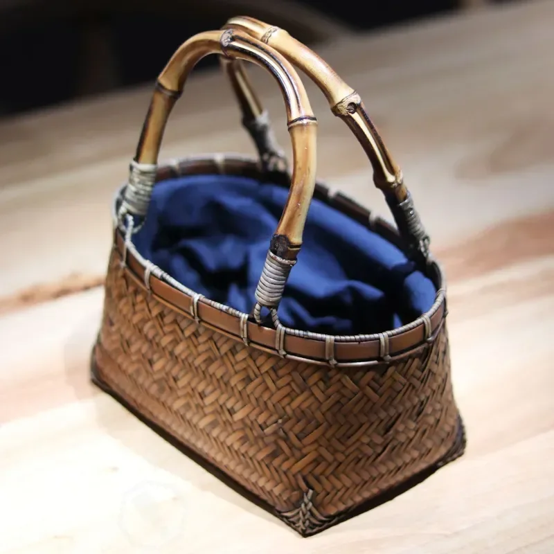 Handmade Bamboo Storage Bag Retro Zizhu Tea Set Bag Women Handbag Natural Bamboo Crafts Portable Organizer Case