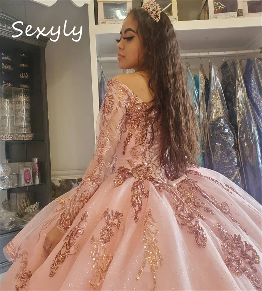 Robe de Quinceanera Rose à Paillettes pour ixd'Anniversaire, Princesse, Manches sulf, Luxe, Bling, Sweet 15, Rotterdam Kle, Bal, Quelle que soit, 2023