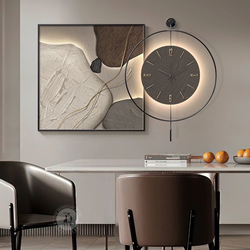 

Stone running restaurant decorative painting with clock modern light luxury high-end dining room hanging painting simple dining