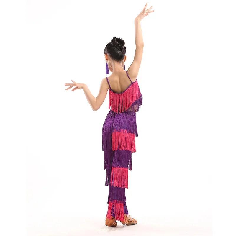 Meisjes Latin Dans Kostuums Pailletten Franje Salsa Samba Kostuum Kids Ballroom Kwastje Jurk Broek Kinderen Performance Podium Outfits