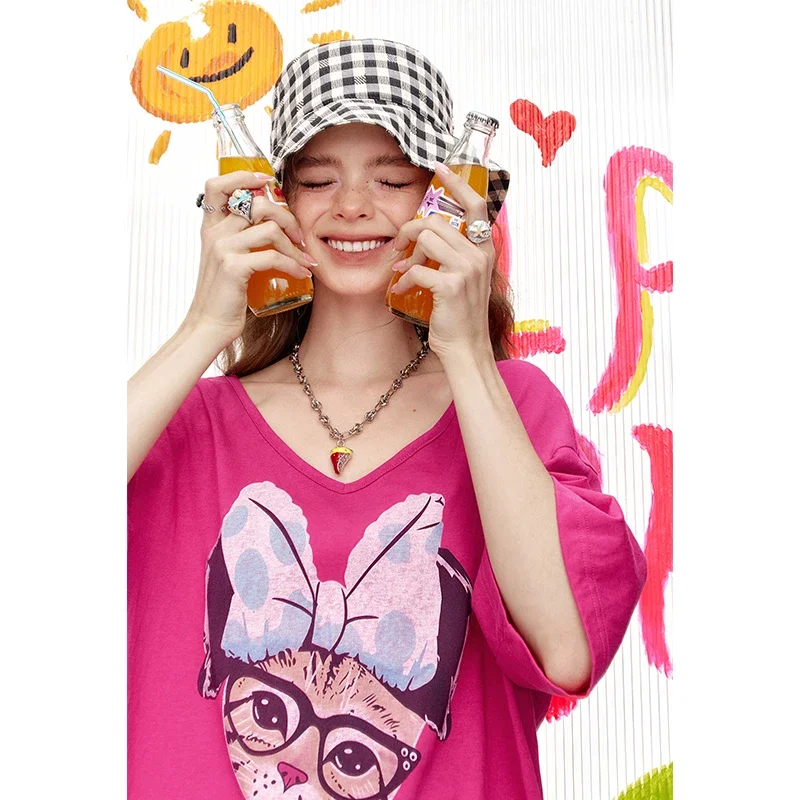 ELFSACK Fuchsia Pink Cartoon Cat Print T-Shirt, Y2K Punk Streetwear Summer Top