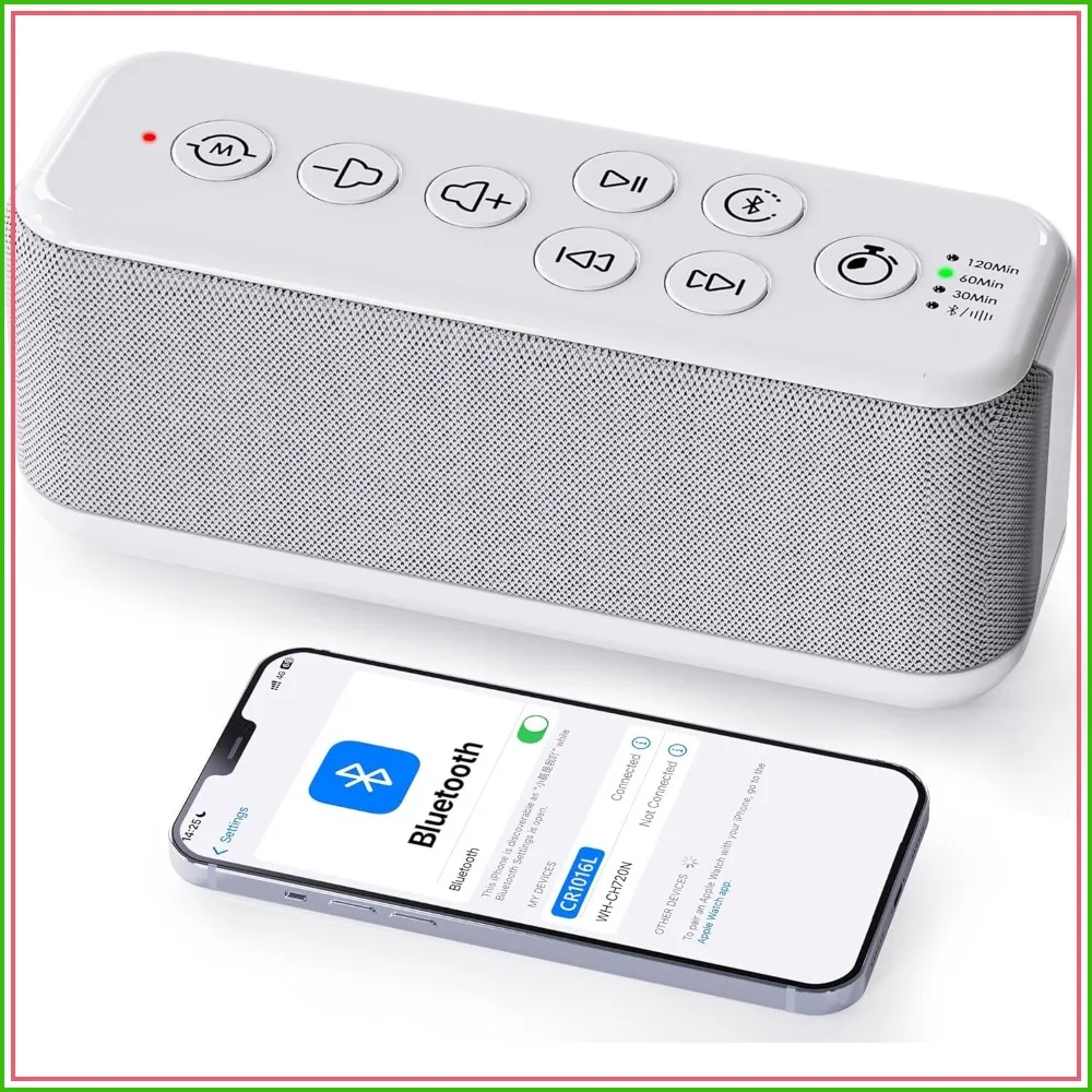 White Noise Sound Machine with Bluetooth Speaker, 15 Soothing Sounds for Sleep & Office, 3000mAh Rechargeable, Auto-Off Timer, 8-Level Volume