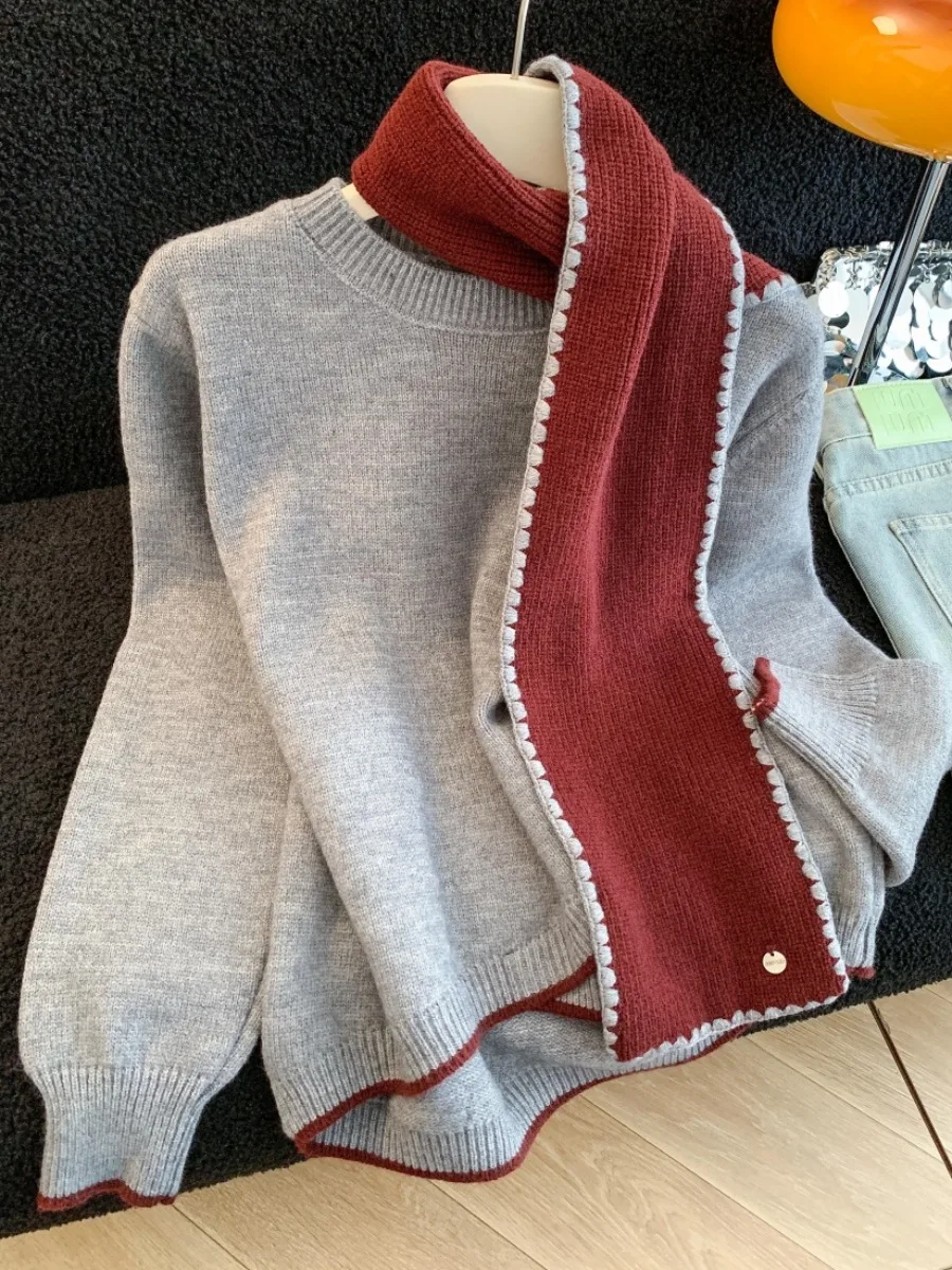 ชุดเสื้อถักไหมพรมทรงหลวมพร้อมผ้าพันคอสำหรับผู้หญิง สไตล์เกาหลี รุ่นใหม่ล่าสุดสำหรับฤดูหนาว แขนยาว