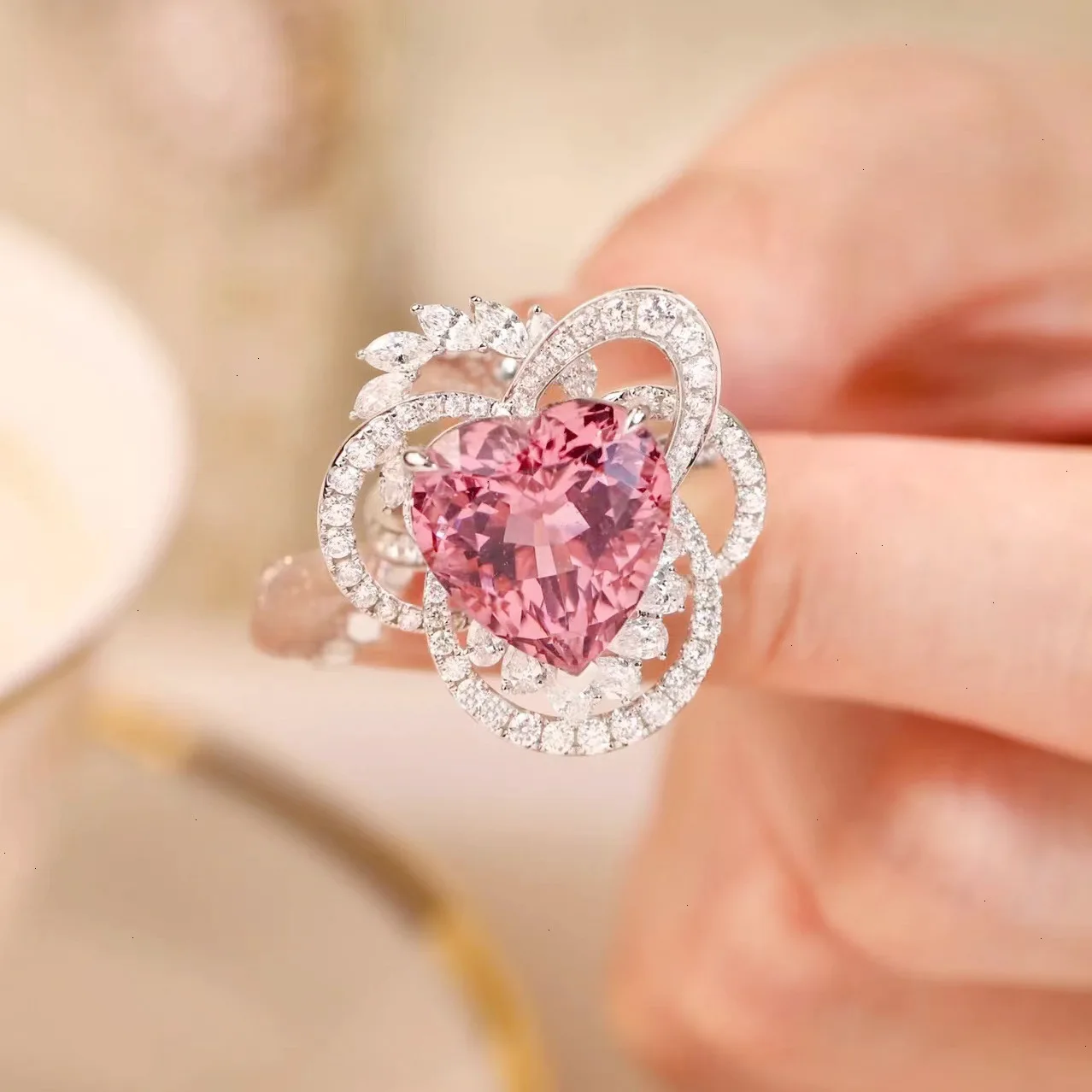 New Product, Simple, Sweet, High-end, Cherry Blossom Pollen, Love, Zircon Ring, Female Opening Temperament, Party Wearing