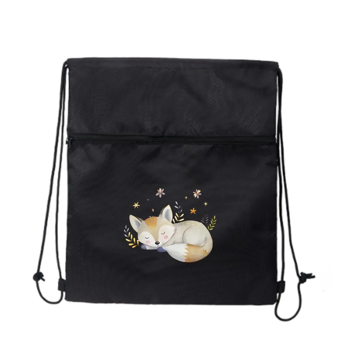 

Спящая лиса среди цветов и листьев. Черная повседневная сумка на шнурке, вмещает кошелек для телефона и многое другое.