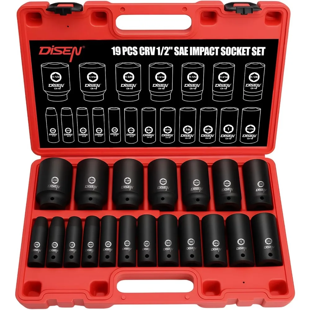 

19-Piece 1/2" Drive Deep Impact Socket Set, SAE Sizes 3/8" to 1-1/2", Cr-V Steel with Storage Case