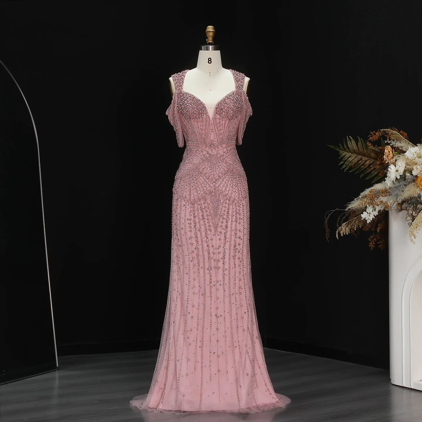 Sharon Said Luxuriöses Abendkleid mit rosa Perlen und Perlenstickerei, drapiertem Träger, V-Ausschnitt, Meerjungfrauen-Schnitt, für formelle Anlässe und Partys, SS193, maßgeschneidert – Detail 3