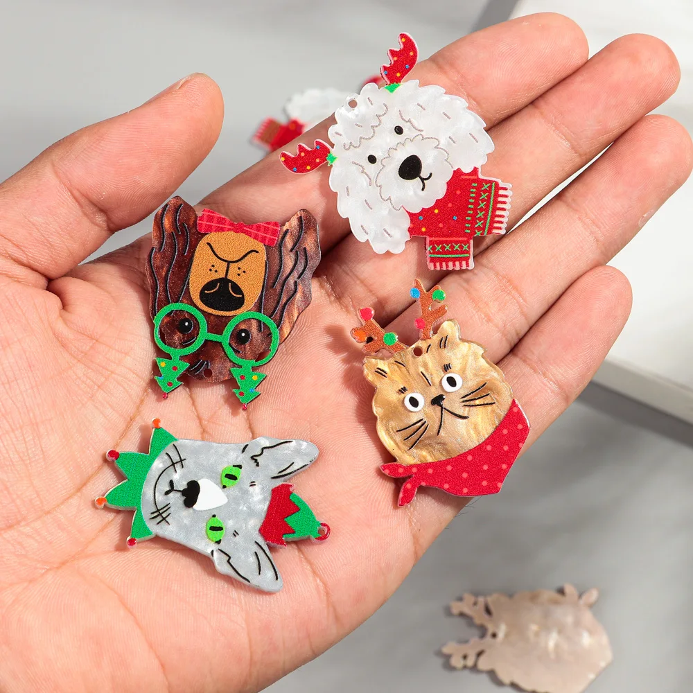 10pcs/lot Christmas Cartoon Animal Acrylic Charms Cute Dog Cat Sheep Pendant for DIY Jewelry Making Earring Keychain Accessories