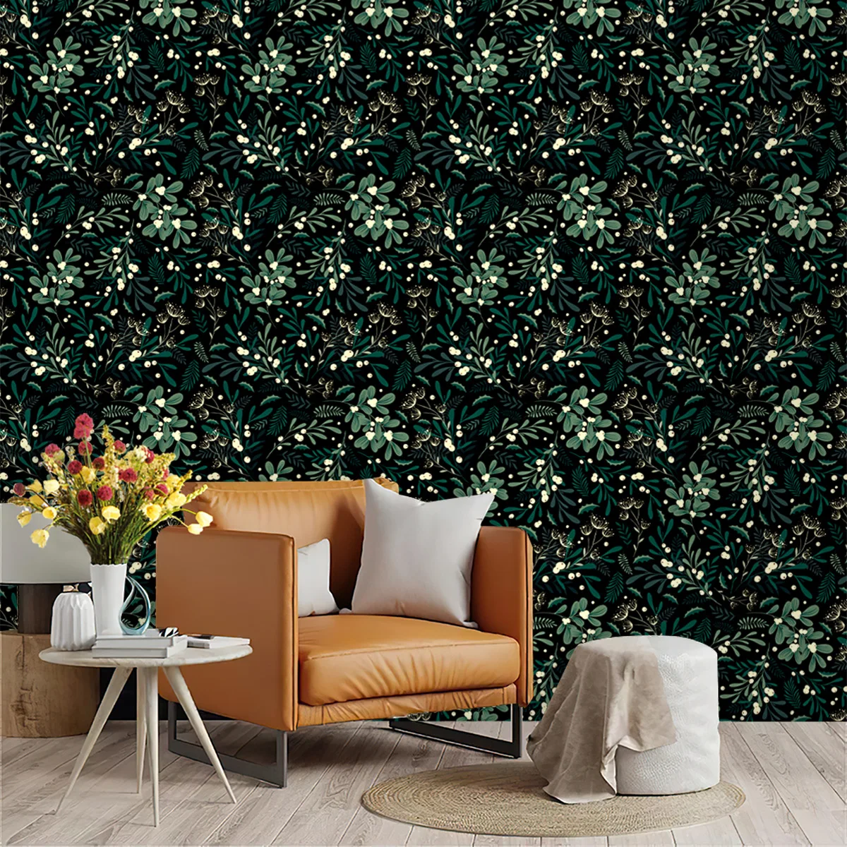 Black Green Flower And Leaf Wallpaper Peel And Stick Botanical Self-adhesive Wall Sticker Waterproof Floral PVC Room Decor