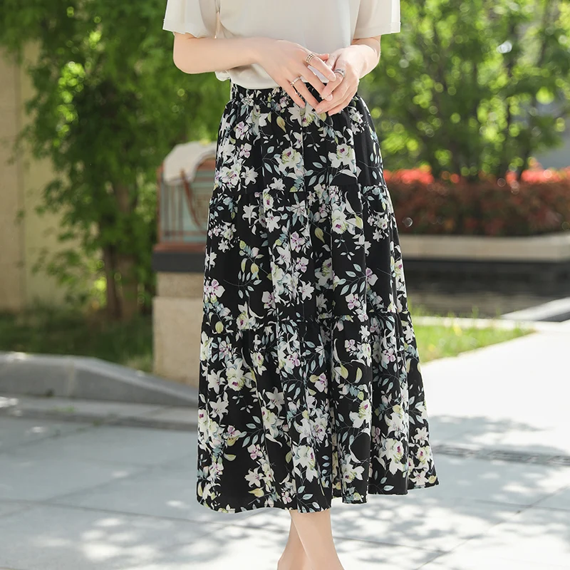 Französische Chiffon-Blumenröcke für Damen, Sommer, hohe Taille, drapiert, modischer Faltenrock in der langen A-förmigen großen Schaukel-Regenschirmrock