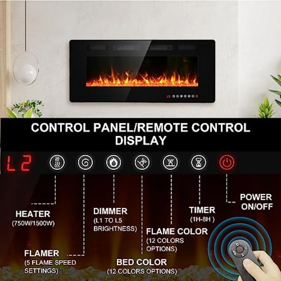 42 Inserto per caminetto elettrico ultra sottile con certificazione ETL per installazione da incasso o da parete con effetto fiamma 3D
