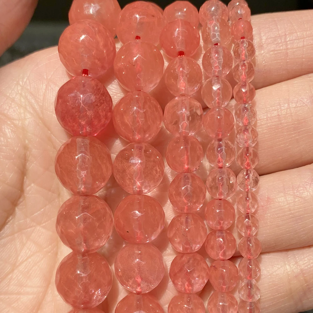 Natural Stone Beads 4 6 8 10 12mm Faceted Watermelon Quartz Round Beads for Jewelry Making DIY Gem Jewellery Accessories 15inch