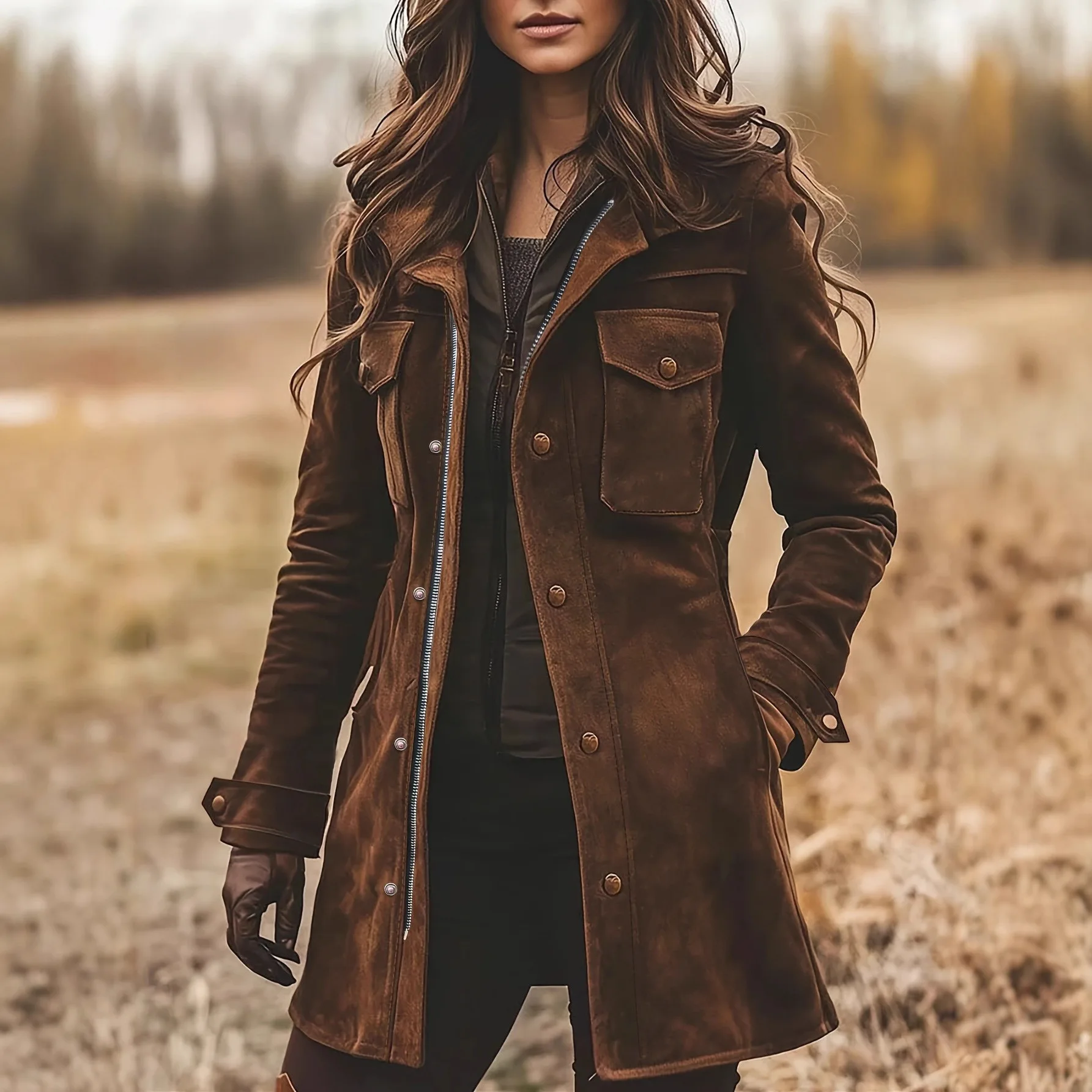 Autumn and Winter Retro Coat Women's Lapel Brown Deerskin Casual Jacket Warm Temperament Medium and Long Coat