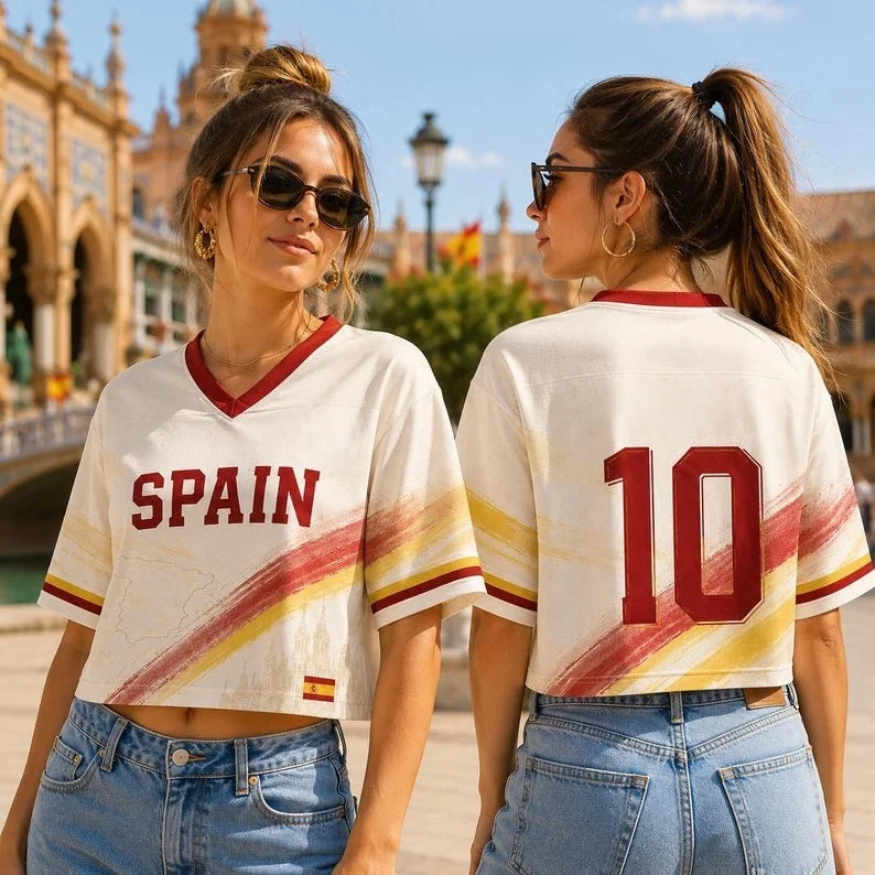 2026 New Spanish Flag Printed V-neck Short T-shirt Summer Women Football Style Support Top T-shirt Street Trendy Women's Top